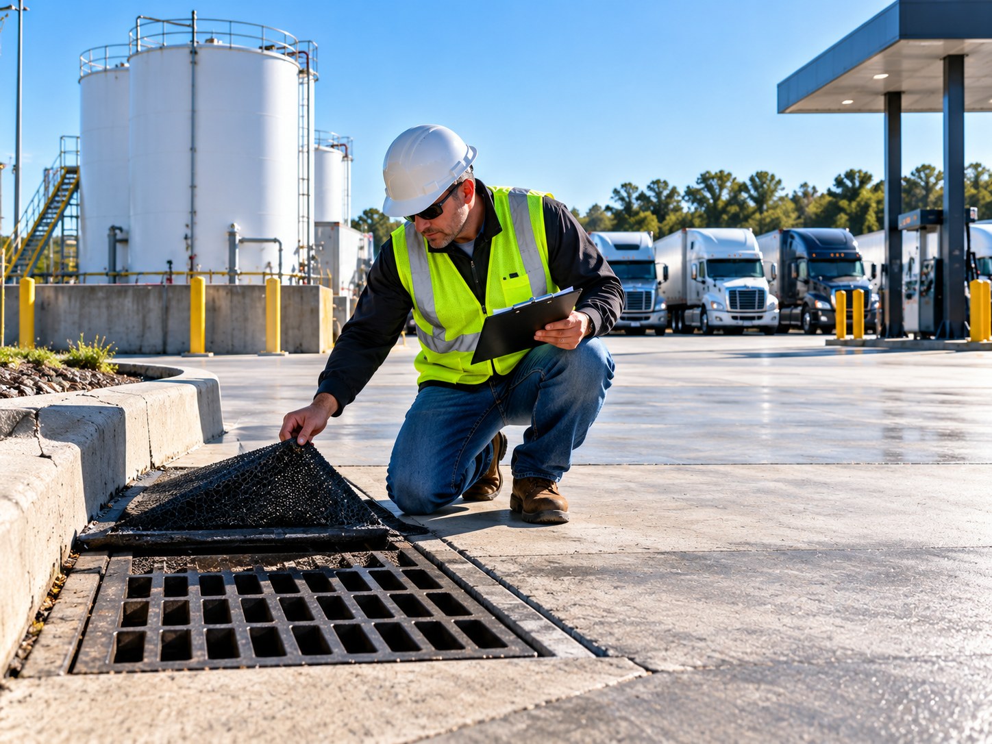 Environmental compliance manager walking the yard with a clipboard, checking a storm drain near the tanks