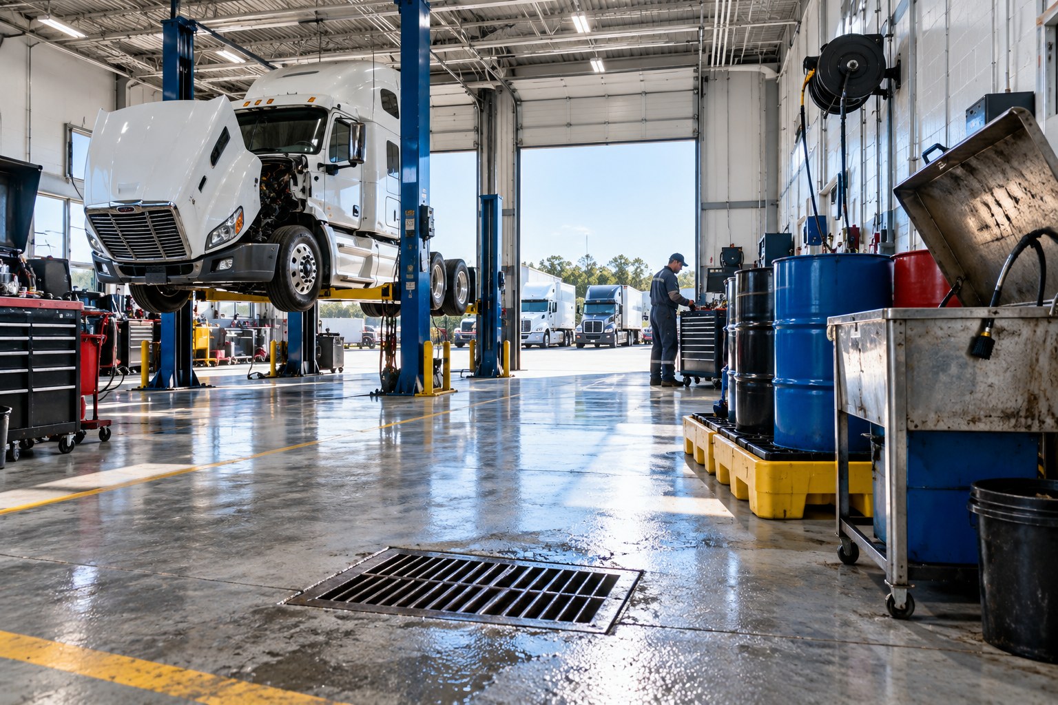 Bright fleet maintenance shop with a truck on the lift, labeled drums on a spill pallet, and a floor drain