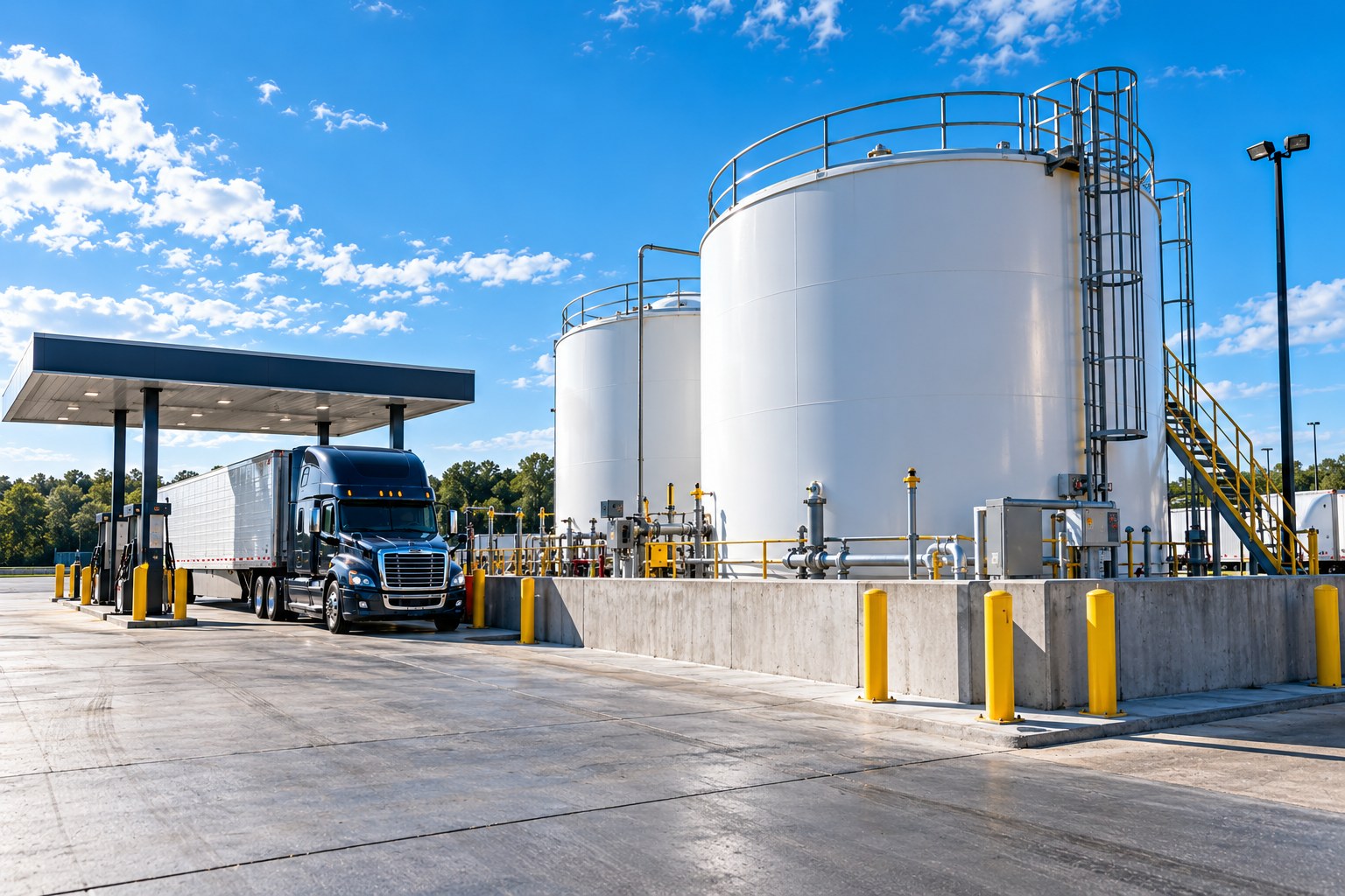 Two aboveground diesel tanks inside a concrete secondary-containment wall at a terminal, blue sky