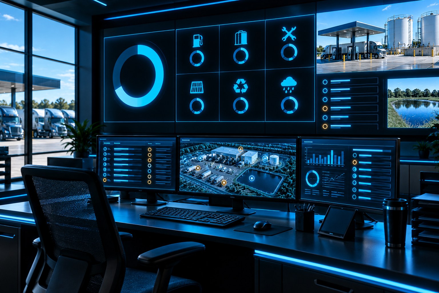 X3 Environmental command center: facility score, six program gauges, site map and open actions on a wall display