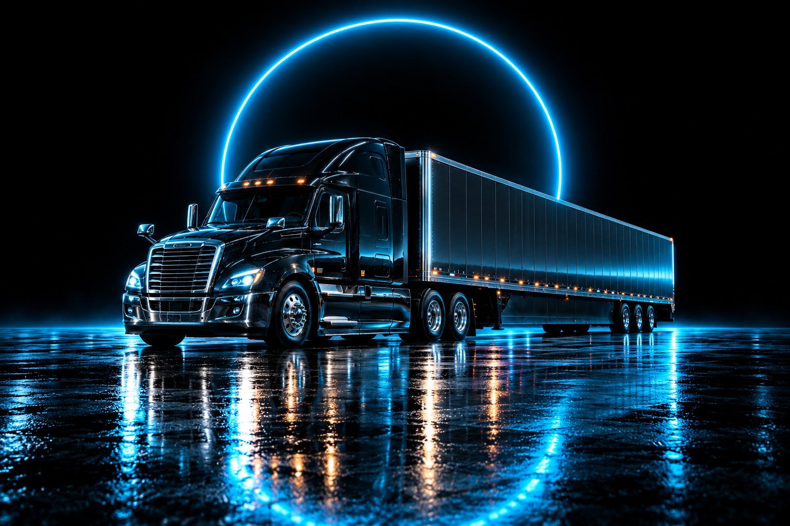X3 Environmental: a black tractor under a ring of cyan light on a wet black floor