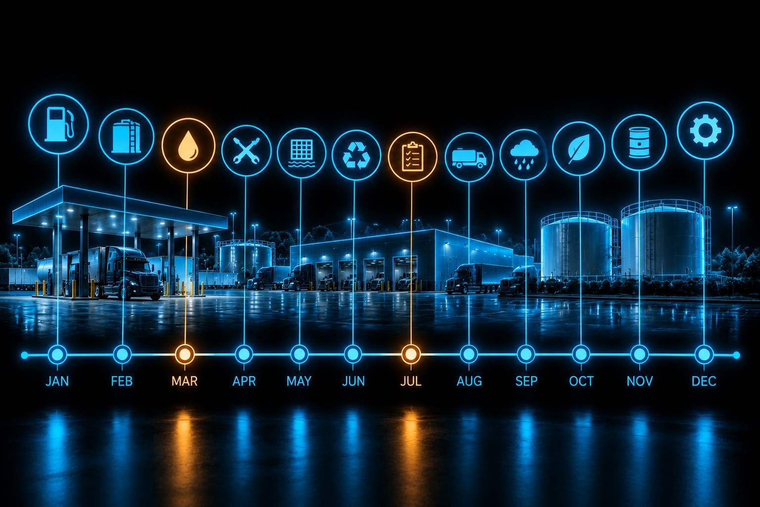 X3 environmental calendar on black: a 12-month timeline with inspection, training and reporting markers