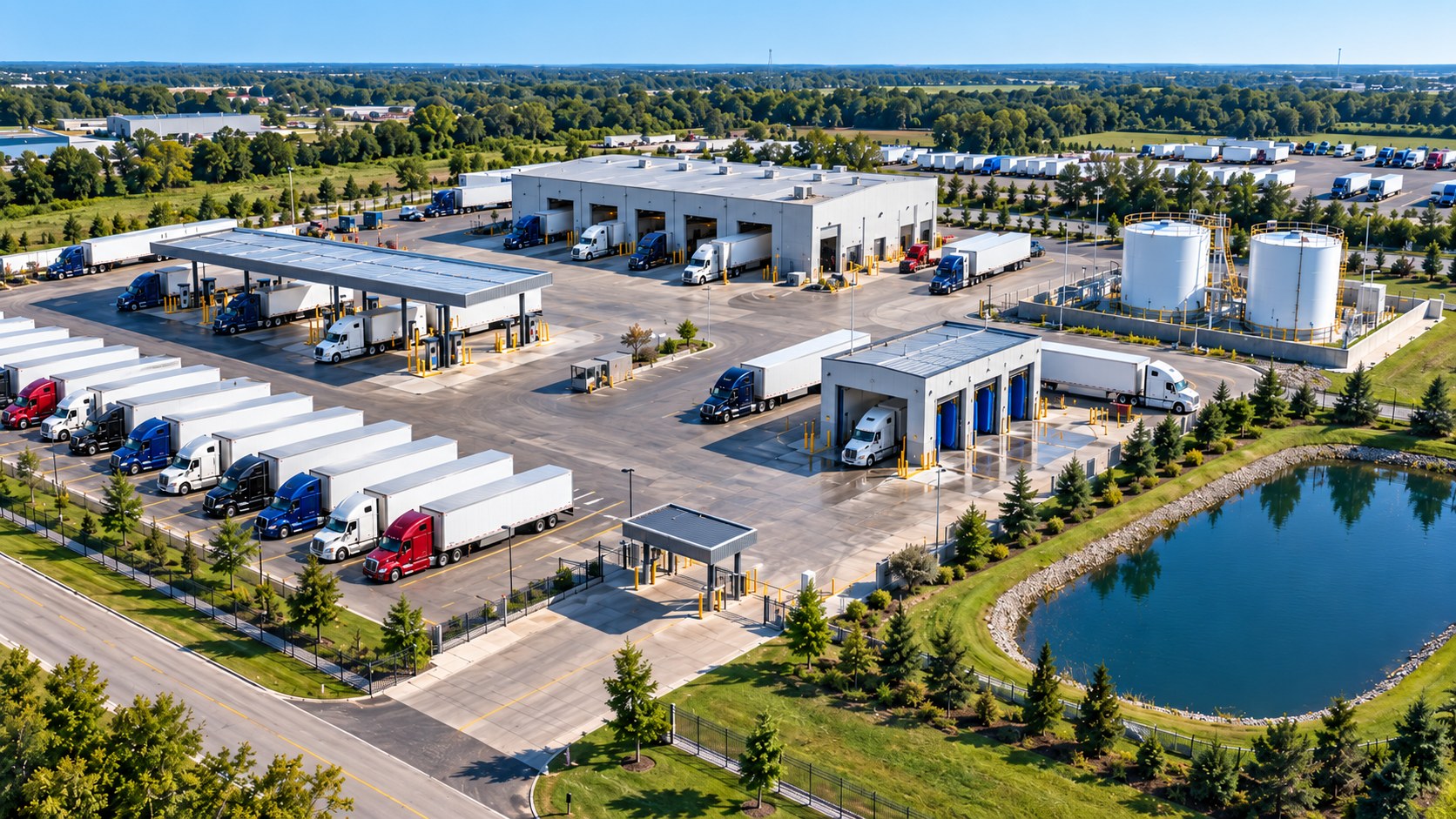 Aerial view of a trucking terminal: rows of tractors, maintenance shop, fuel island, tanks, and a stormwater pond