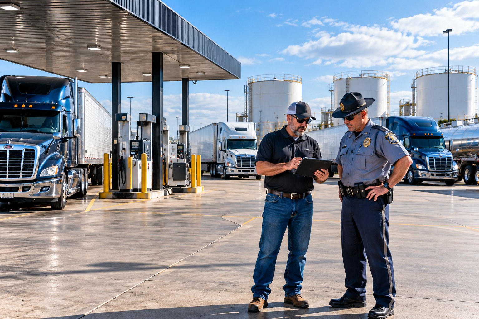Fleet manager walking an inspector through the fuel island, both relaxed, on a clear afternoon