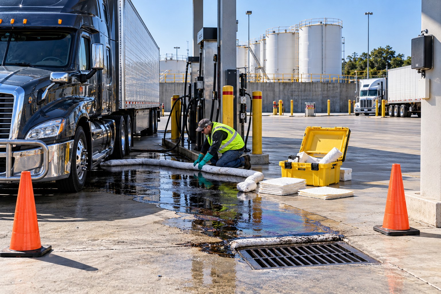 Diesel spill at a terminal fuel island with an absorbent boom laid to keep it out of the storm drain, bright afternoon