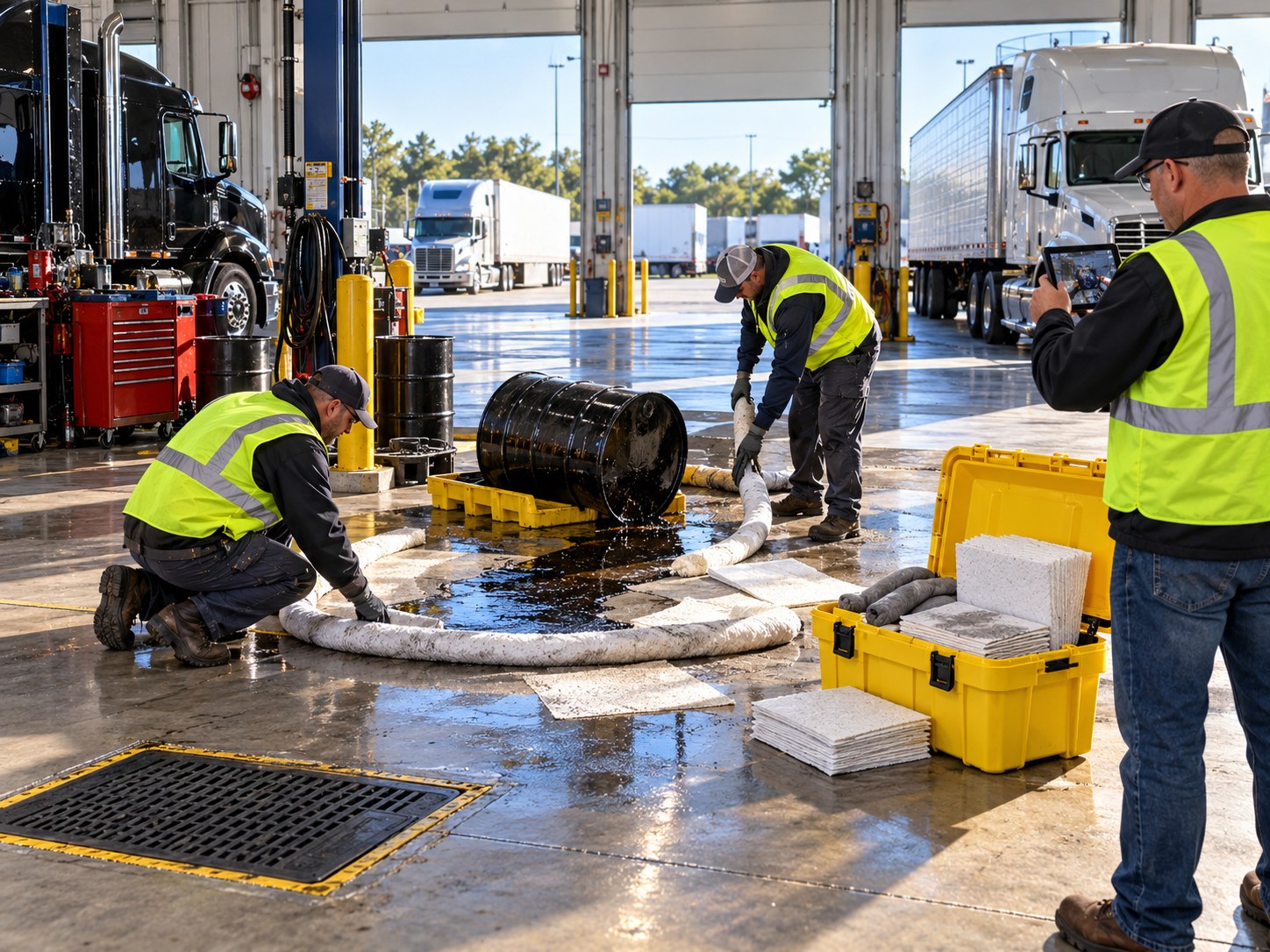 Drum spill in a bright fleet shop contained with absorbent booms while the supervisor photographs it for the record